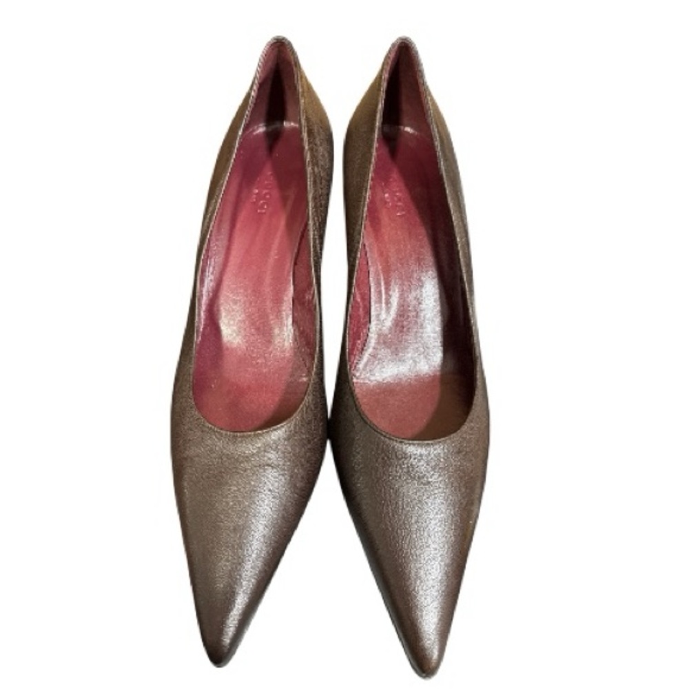 Gucci Chocolate Brown Leather Pointed Kitten Toe Heels - Picture 2 of 7